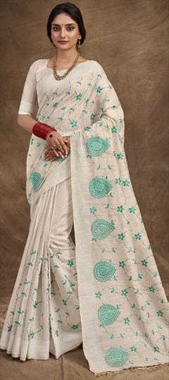 Party Wear, Traditional White and Off White color Saree in Cotton fabric with Bengali Embroidered, Resham, Thread work : 1914432
