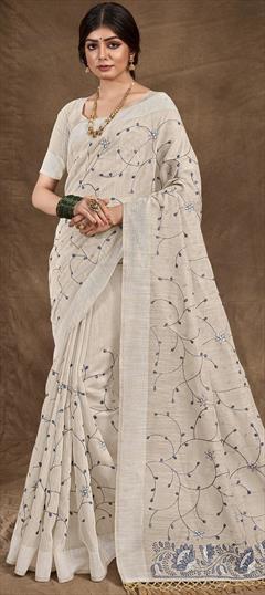 Party Wear, Traditional White and Off White color Saree in Cotton fabric with Bengali Embroidered, Resham, Thread work : 1914433