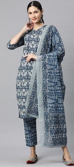 Festive, Summer Blue color Salwar Kameez in Cotton fabric with Straight Cut Dana, Printed work : 1914434
