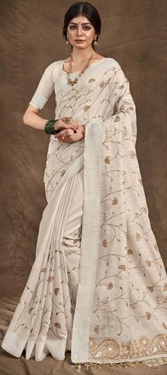Party Wear, Traditional White and Off White color Saree in Cotton fabric with Bengali Embroidered, Resham, Thread work : 1914435