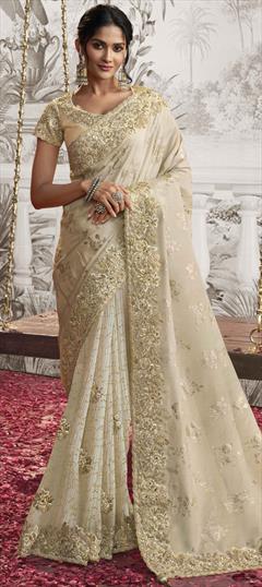 Bridal, Engagement, Wedding Beige and Brown color Saree in Viscose fabric with Classic Border, Embroidered, Printed, Resham, Stone, Weaving, Zari work : 1914444