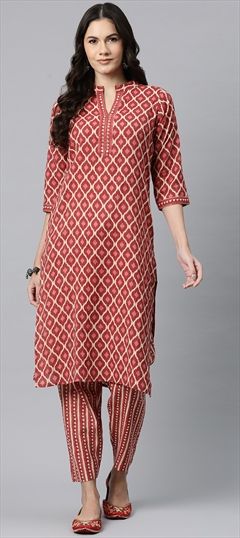 Festive, Summer Red and Maroon color Salwar Kameez in Cotton fabric with Straight Printed, Sequence work : 1914446
