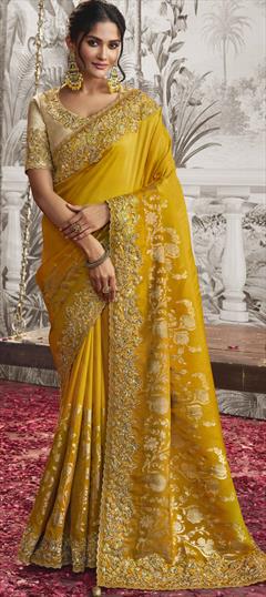 Bridal, Engagement, Wedding Yellow color Saree in Viscose fabric with Classic Border, Embroidered, Printed, Resham, Stone, Weaving, Zari work : 1914447