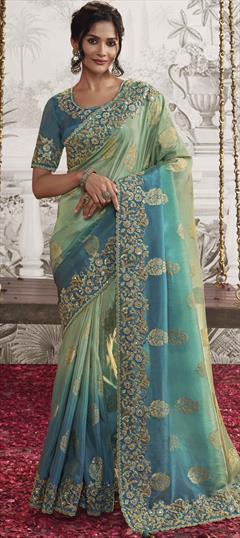 Bridal, Engagement, Wedding Blue, Green color Saree in Viscose fabric with Classic Border, Embroidered, Printed, Resham, Stone, Weaving, Zari work : 1914448