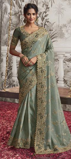 Bridal, Engagement, Wedding Green color Saree in Viscose fabric with Classic Border, Embroidered, Printed, Resham, Stone, Weaving, Zari work : 1914452