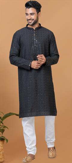 Party Wear Black and Grey color Kurta Pyjamas in Cotton, Viscose fabric with Embroidered, Sequence work : 1914617