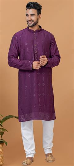 Party Wear Purple and Violet color Kurta Pyjamas in Cotton, Viscose fabric with Embroidered, Sequence work : 1914625