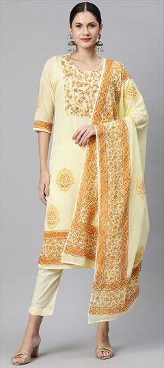 Festive, Summer Yellow color Salwar Kameez in Cotton fabric with Straight Cut Dana, Embroidered, Resham, Thread work : 1914688