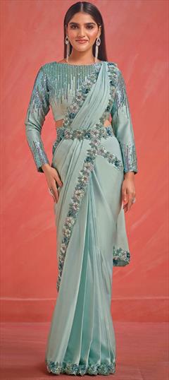 Bridal, Reception, Traditional, Wedding Blue color Readymade Saree in Satin Silk fabric with Classic Sequence, Thread work : 1914739