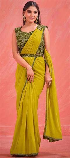 Bridal, Reception, Wedding Green color Readymade Saree in Georgette fabric with Classic Sequence, Thread work : 1914740