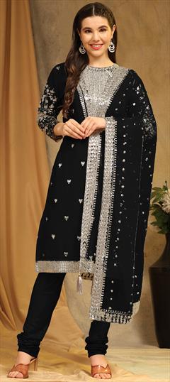Festive, Party Wear Black and Grey color Salwar Kameez in Faux Georgette fabric with Churidar, Pakistani, Straight Embroidered, Sequence, Thread work : 1914791