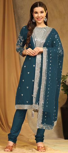 Festive, Party Wear Blue color Salwar Kameez in Faux Georgette fabric with Churidar, Straight Embroidered, Sequence, Thread work : 1914794