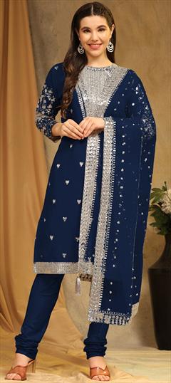 Festive, Party Wear Blue color Salwar Kameez in Faux Georgette fabric with Churidar, Pakistani, Straight Embroidered, Sequence, Thread work : 1914796