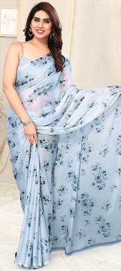 Casual, Party Wear Blue color Saree in Faux Chiffon fabric with Classic Floral, Printed work : 1914821