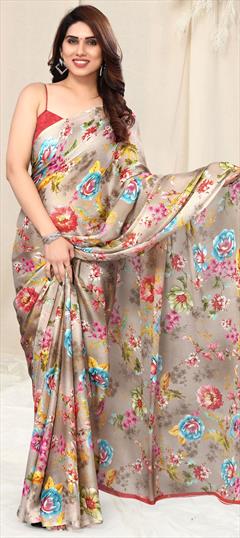 Casual, Party Wear Beige and Brown color Saree in Faux Chiffon fabric with Classic Floral, Printed work : 1914825
