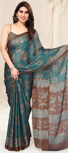 Casual Blue color Saree in Faux Chiffon fabric with Classic Block Print, Floral work : 1914828