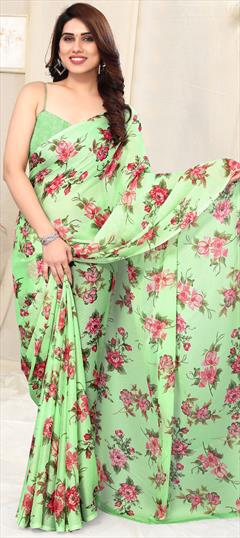 Casual, Party Wear Green color Saree in Faux Chiffon fabric with Classic Floral, Printed work : 1914832