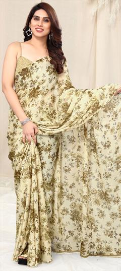 Casual, Party Wear White and Off White color Saree in Faux Chiffon fabric with Classic Floral, Printed work : 1914836