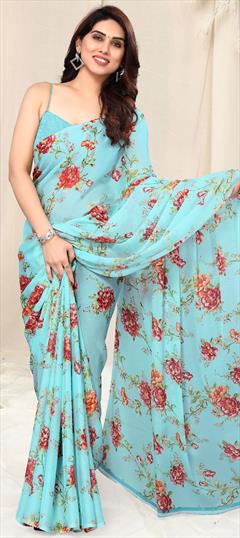Casual, Party Wear Blue color Saree in Faux Chiffon fabric with Classic Floral, Printed work : 1914837