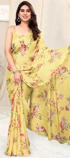 Casual, Party Wear Yellow color Saree in Faux Chiffon fabric with Classic Floral, Printed work : 1914840
