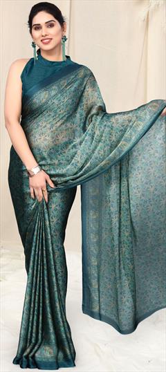Casual Blue color Saree in Faux Chiffon fabric with Classic Floral, Printed work : 1914846
