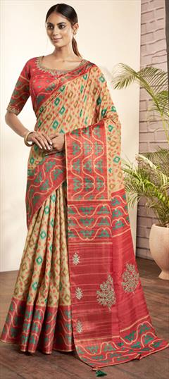 Traditional, Wedding Beige and Brown color Saree in Art Silk, Silk fabric with South Printed, Weaving work : 1914880
