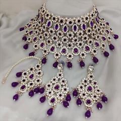 Purple and Violet color Necklace in Metal Alloy studded with CZ Diamond, Pearl & Gold Rodium Polish : 1914884