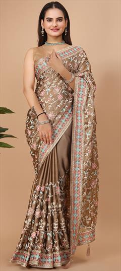 Festive, Traditional Beige and Brown color Saree in Art Silk, Silk fabric with South Embroidered, Thread work : 1915002