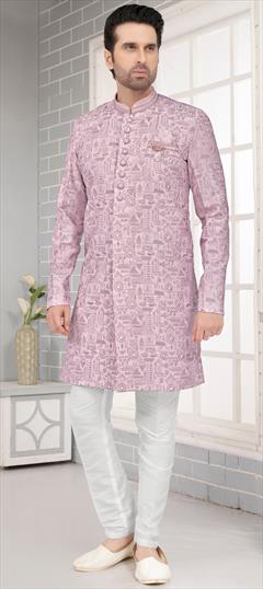 Party Wear, Wedding Pink and Majenta color IndoWestern Dress in Art Silk fabric with Embroidered, Thread work : 1915012