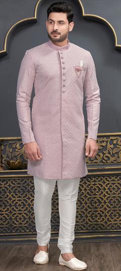 Party Wear, Wedding Pink and Majenta color IndoWestern Dress in Art Silk fabric with Embroidered, Thread work : 1915017