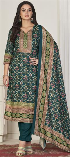 Festive, Party Wear Blue color Salwar Kameez in Pashmina fabric with Straight Digital Print, Floral work : 1915180
