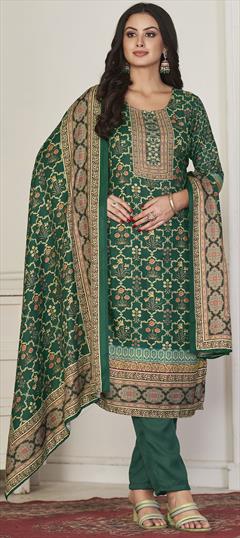 Festive, Party Wear Green color Salwar Kameez in Pashmina fabric with Straight Digital Print, Floral work : 1915184
