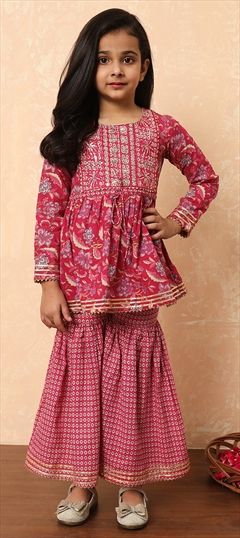 Festive, Summer Pink and Majenta color Girls Top with Bottom in Cotton fabric with Anarkali, Sharara Embroidered, Gota Patti, Printed, Sequence, Thread, Zari work : 1915212