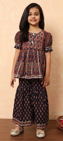 Festive, Summer Blue color Girls Top with Bottom in Cotton fabric with Sharara Embroidered, Gota Patti, Printed, Resham, Thread, Zari work : 1915213