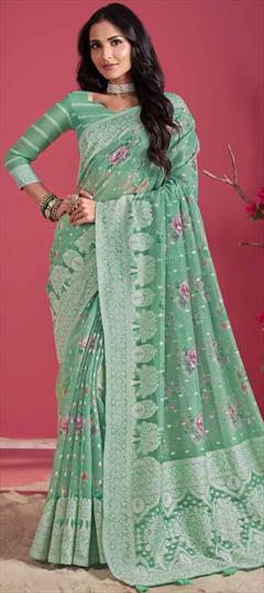 Mehendi Sangeet, Reception, Traditional Green color Saree in Silk fabric with South Floral, Printed, Weaving work : 1915259