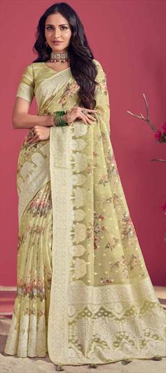 Mehendi Sangeet, Reception, Traditional Green color Saree in Silk fabric with South Floral, Printed, Weaving work : 1915262
