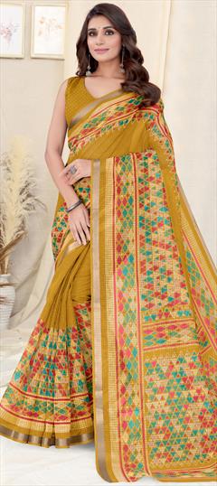 Party Wear, Traditional Yellow color Saree in Kota Doria Silk fabric with Bengali, South Weaving work : 1915263