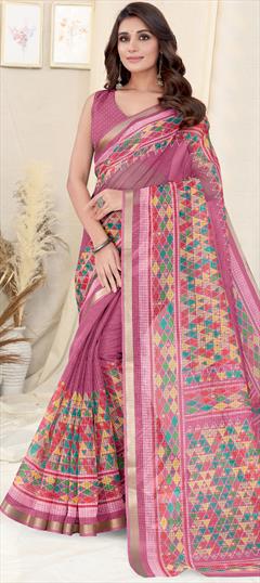 Party Wear, Traditional Pink and Majenta color Saree in Kota Doria Silk fabric with Bengali, South Weaving work : 1915267