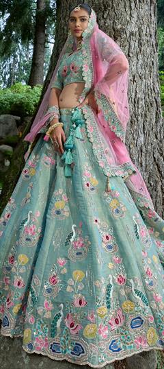 Bridal, Reception, Wedding Green color Lehenga in Silk fabric with Flared Border, Embroidered, Resham, Stone, Thread, Zari work : 1915293