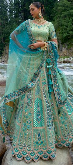 Bridal, Reception, Wedding Green color Lehenga in Silk fabric with Flared Border, Embroidered, Resham, Stone, Thread, Zari work : 1915298