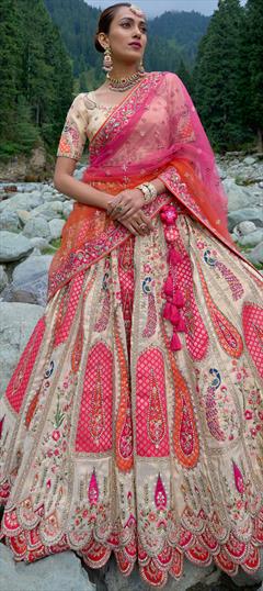 Bridal, Reception, Wedding Pink and Majenta, White and Off White color Lehenga in Silk fabric with Flared Border, Embroidered, Resham, Stone, Thread, Zari work : 1915299