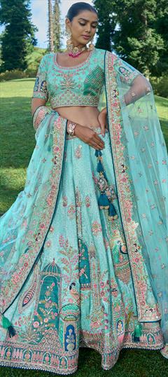 Bridal, Reception, Wedding Blue color Lehenga in Jacquard, Silk fabric with Flared Border, Embroidered, Resham, Stone, Thread, Zari work : 1915300