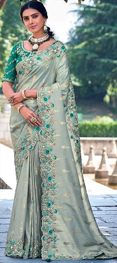 Reception, Traditional, Wedding Green color Saree in Banarasi Silk fabric with South Embroidered, Resham, Sequence, Thread, Weaving, Zari work : 1915331