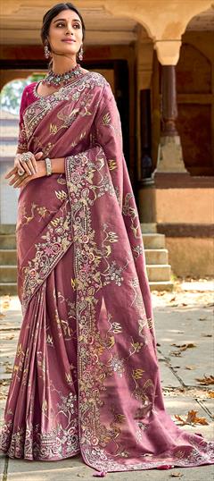 Reception, Traditional, Wedding Purple and Violet color Saree in Banarasi Silk fabric with South Embroidered, Resham, Sequence, Thread, Weaving, Zari work : 1915338