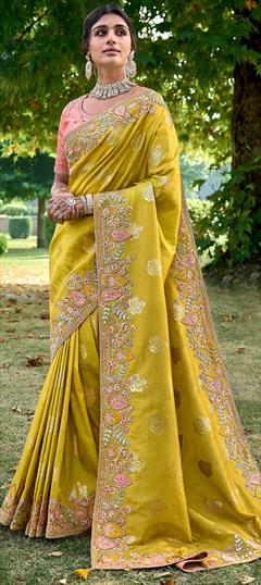 Reception, Traditional, Wedding Yellow color Saree in Banarasi Silk fabric with South Embroidered, Resham, Sequence, Thread, Weaving, Zari work : 1915340