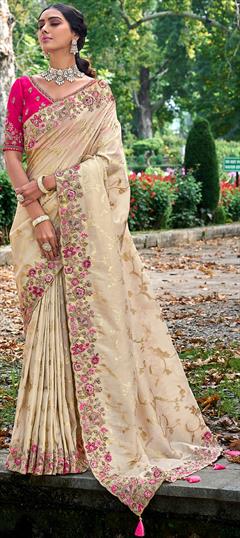 Reception, Traditional, Wedding White and Off White color Saree in Banarasi Silk fabric with South Embroidered, Resham, Sequence, Thread, Weaving, Zari work : 1915341