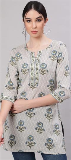 Casual Black and Grey color Kurti in Cotton fabric with Long Sleeve, Straight Printed work : 1915390