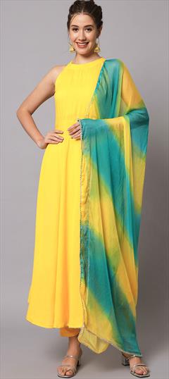Festive, Party Wear Yellow color Salwar Kameez in Rayon fabric with Anarkali Lace work : 1915399