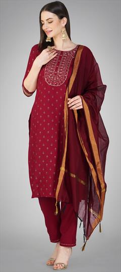 Festive, Party Wear Red and Maroon color Salwar Kameez in Cotton fabric with Straight Embroidered, Printed, Sequence, Thread work : 1915408