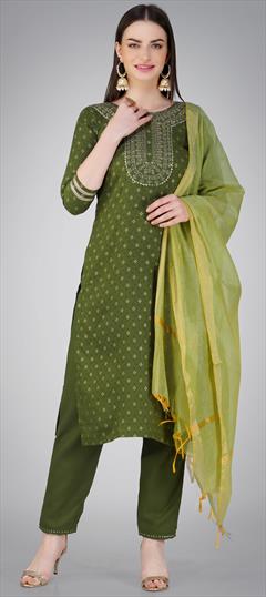 Festive, Party Wear Green color Salwar Kameez in Cotton fabric with Straight Embroidered, Printed, Sequence, Thread work : 1915409